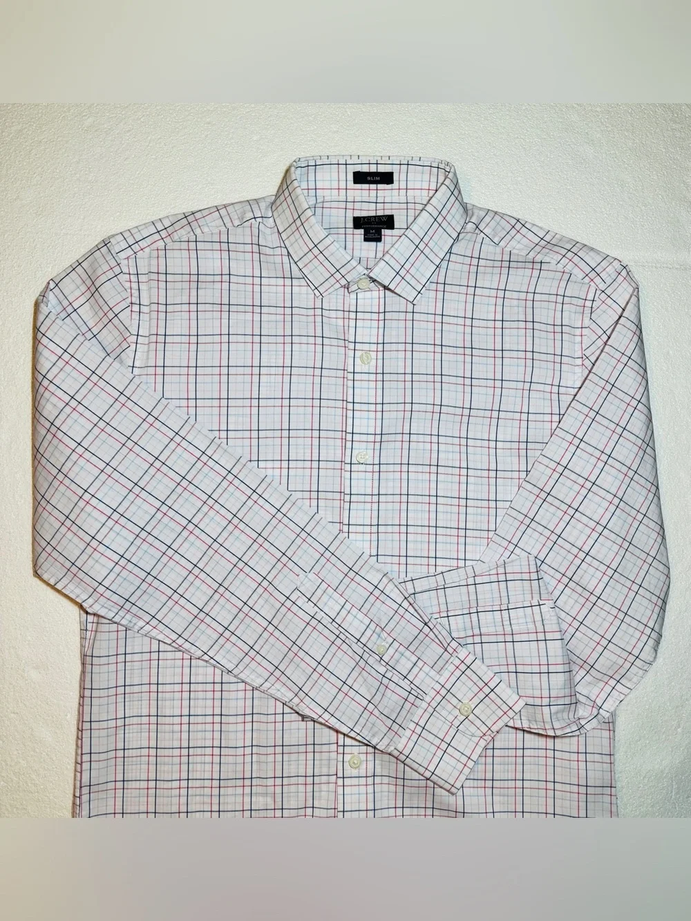 J. Crew Performance Slim Men’s White Shirt with Blue and Red Windowpane Check